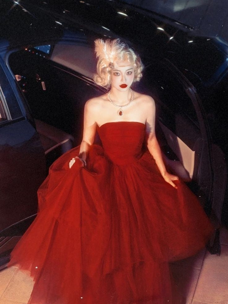 Red A Line Tulle Strapless Prom Dresses Party Evening Dress cg25459