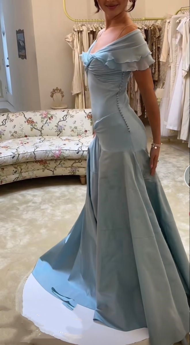 Blue Off-the-shoulder Elegant A-Line Long Prom Dress Birthday Dress cg25465