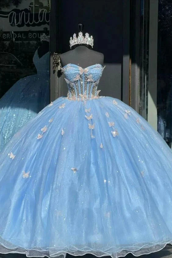 Vestido de quinceañera azul con apliques de corazón, corte A, para fiesta de graduación, cumpleaños, noche, baile, TP4524