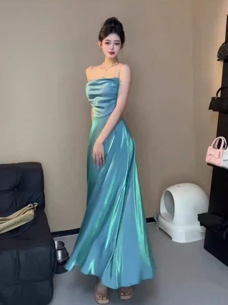 Spaghetti Straps Blue Sheath Long Prom Dresses Homecoming Dress fg6074