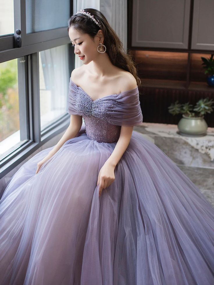 Purple A-Line Off Shoulder Tulle Beading Long Prom Dress fg6712