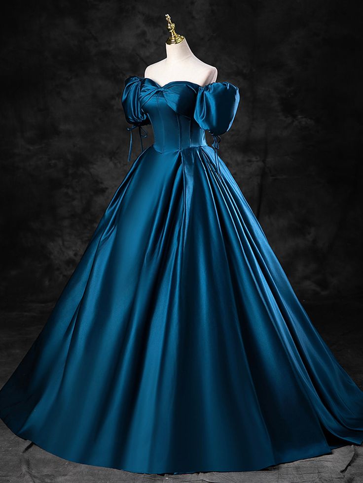 Blue Satin Off the Shoulder Floor Length Prom Dress, Blue A-Line Party Dress fg6764