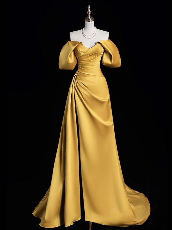 A-Line Off Shoulder Satin Gold Long Prom Dress, Gold Long Evening Dress fg6085
