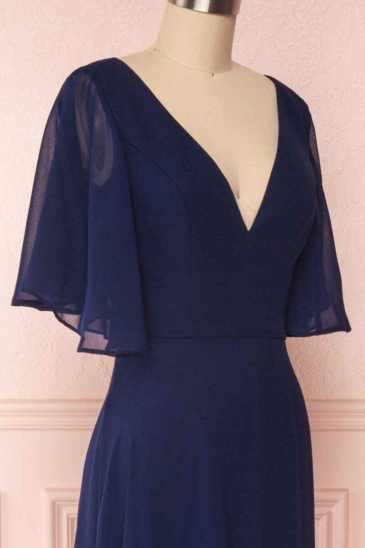 Navy Blue Chiffon V-Neck Ruffled Sleeve Long Bridesmaid Dress fg6390