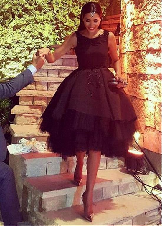 A-Line Black Tulle Backless Knee Length Homecoming Dress fg6131