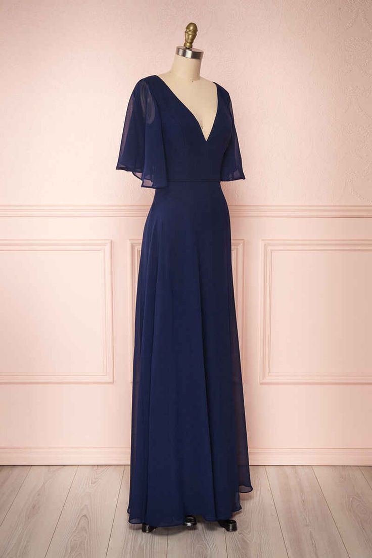 Navy Blue Chiffon V-Neck Ruffled Sleeve Long Bridesmaid Dress fg6390