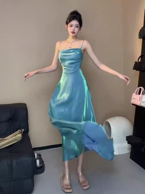 Spaghetti Straps Blue Sheath Long Prom Dresses Homecoming Dress fg6074