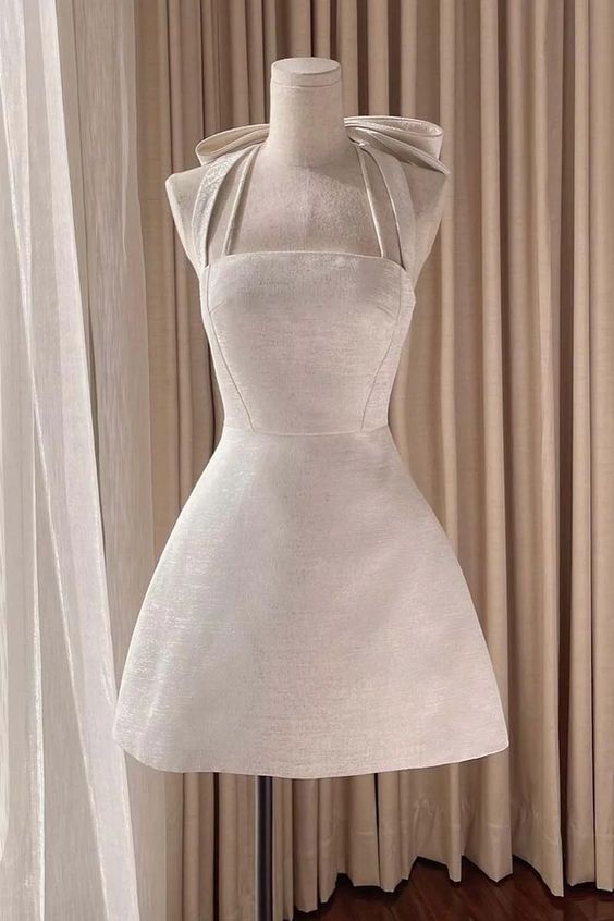 Square Neck Halter Sleeveless Satin A-Line Mini Homecoming Dress With Bow fg6106