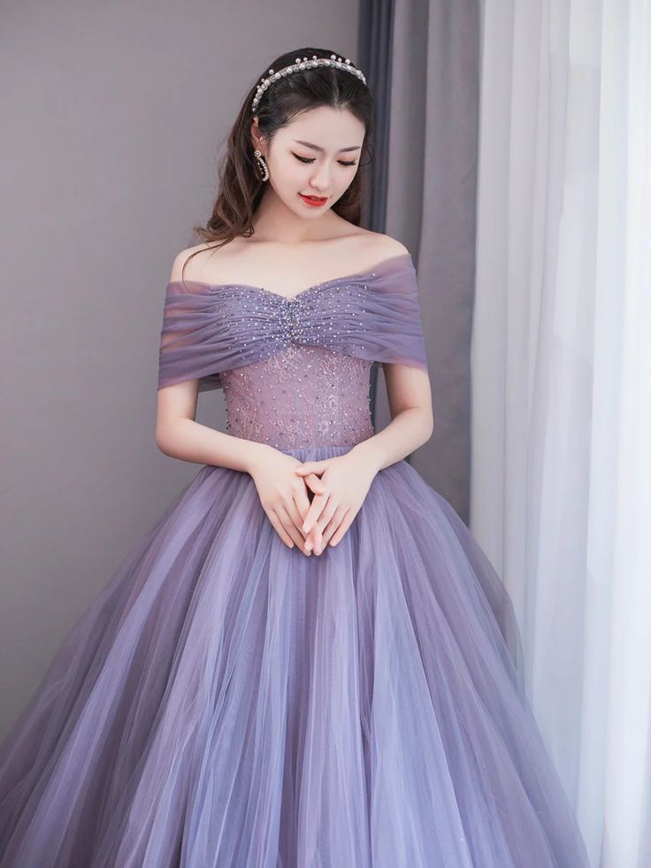 Purple A-Line Off Shoulder Tulle Beading Long Prom Dress fg6712