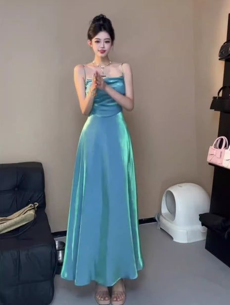 Spaghetti Straps Blue Sheath Long Prom Dresses Homecoming Dress fg6074