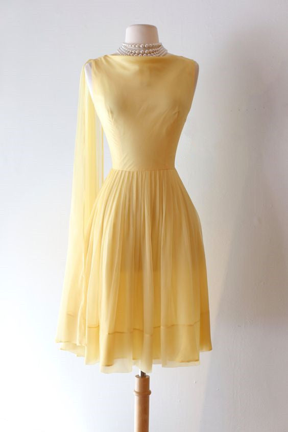 Chiffon Party Dress Vintage 60s Pale Yellow Cocktail Dress With Trailing Shoulder Sash fg5623
