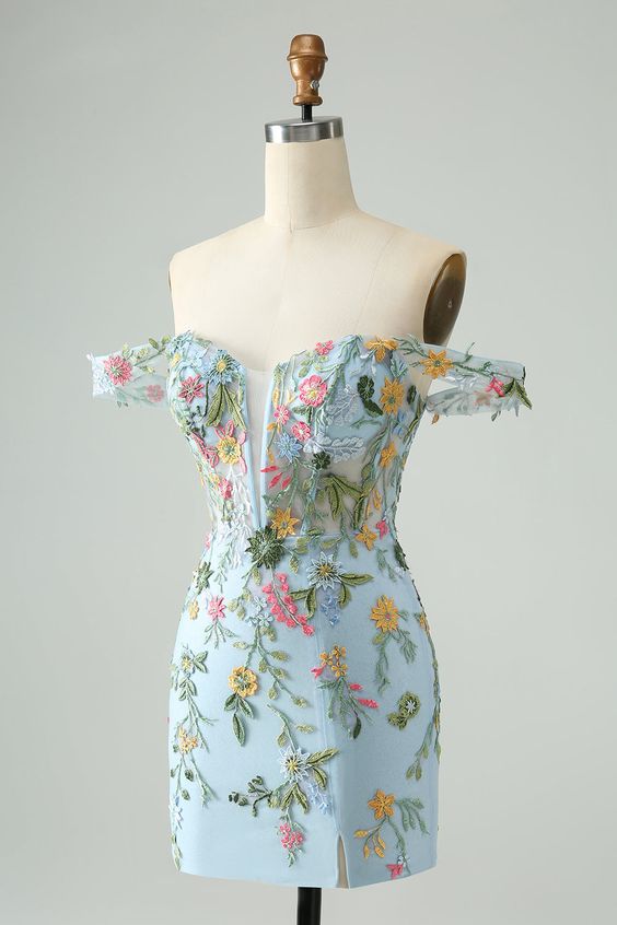 Blue Floral of the Shoulder Corset Short Homecoming Dress with Embroidery fg5496
