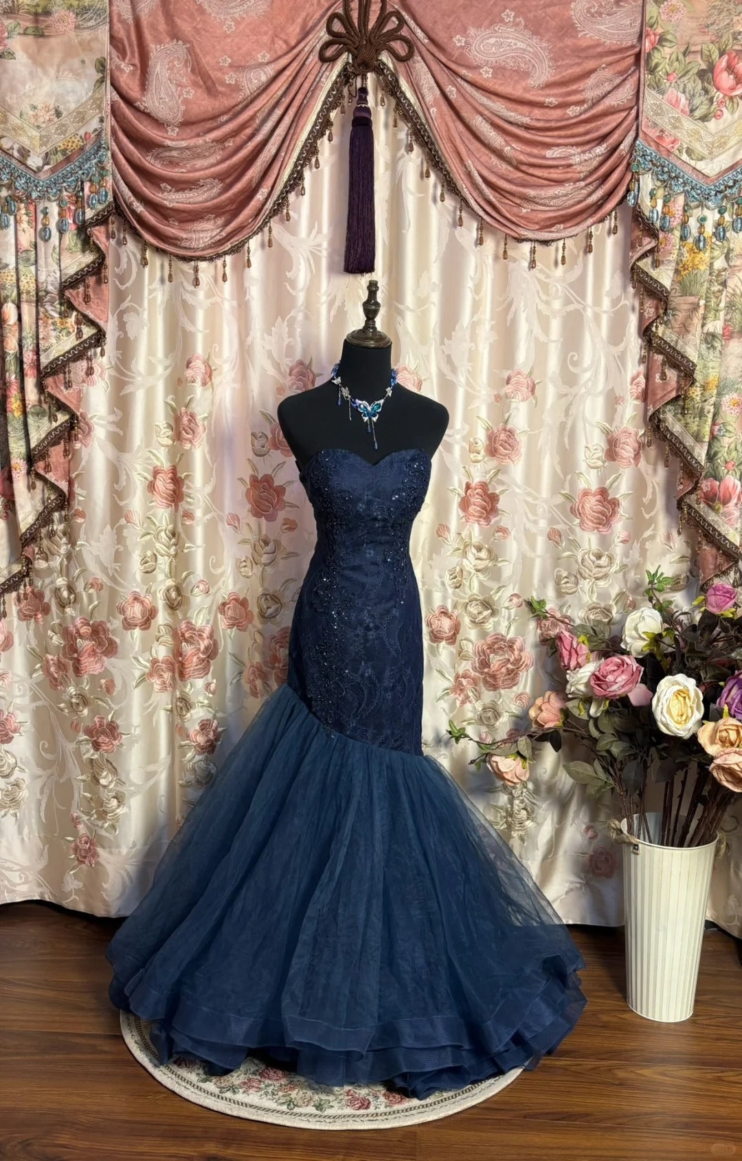 Navy Blue Tulle Mermaid Evening Dresses,Sleeveless Party Prom Dress cg25481