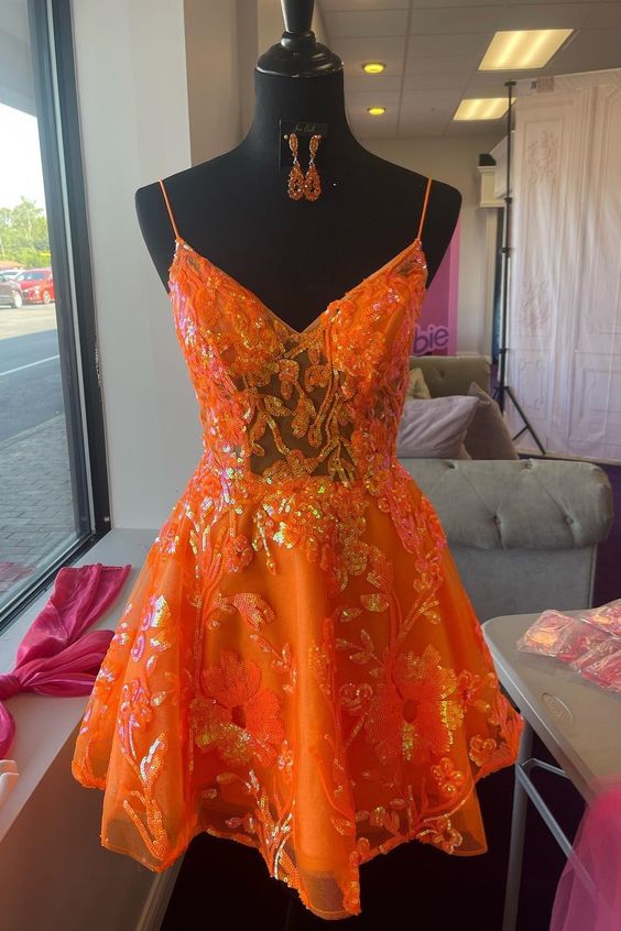 A-line V Neck Straps Sequins-Embroidered Homecoming Dress fg5907