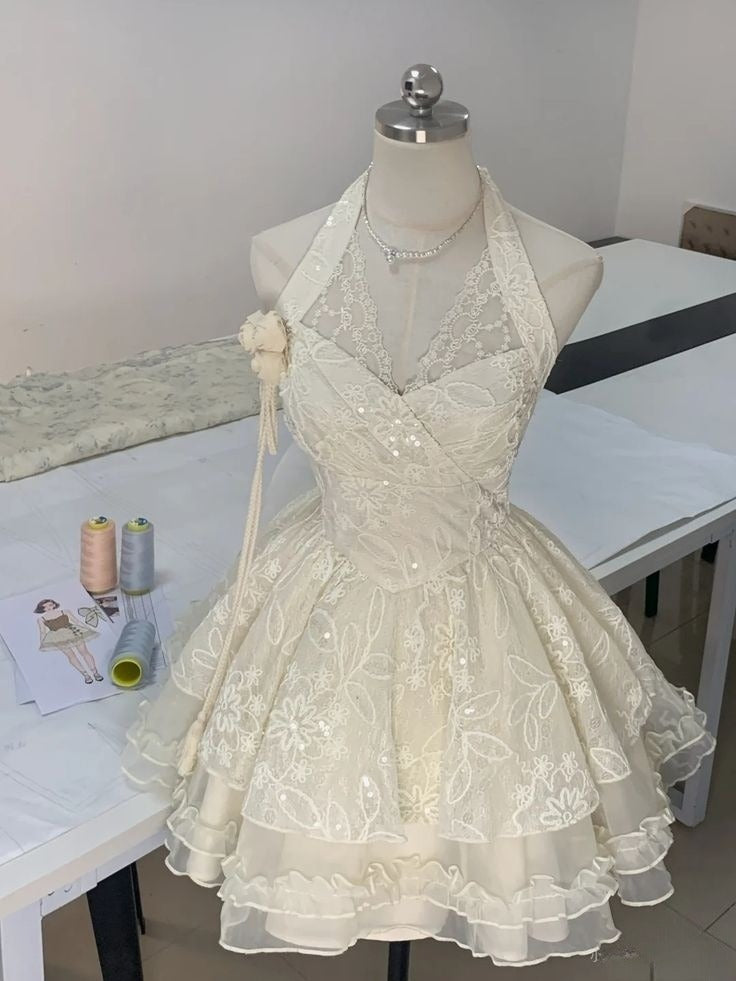 Ivory Tulle Lace Short Party Dress Evening Dress Homecoming Gowns cg25585