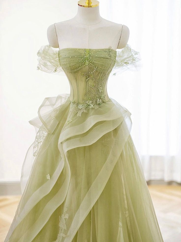 A-Line Off Shoulder Tulle Lace Green Long Prom Dress, Green Long Graduation Dress cg25025