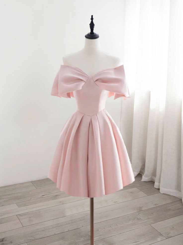 A-Line Off Shoulder Satin Pink Short Prom Dress, Pink Homecoming Dress cg25005