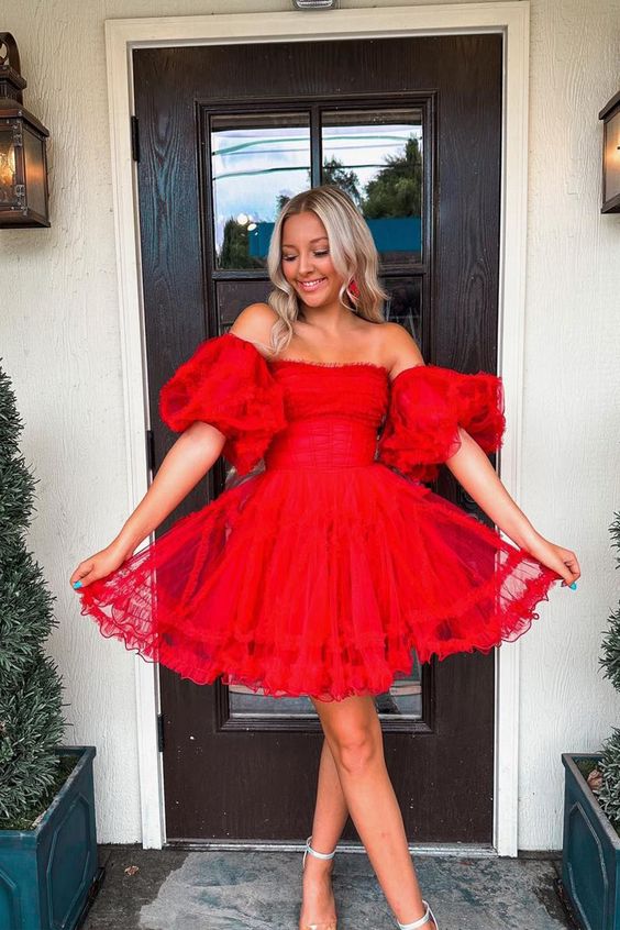 Sweet A Line Red Tulle Short Homecoming Dresses with Detachable Sleeves fg5796
