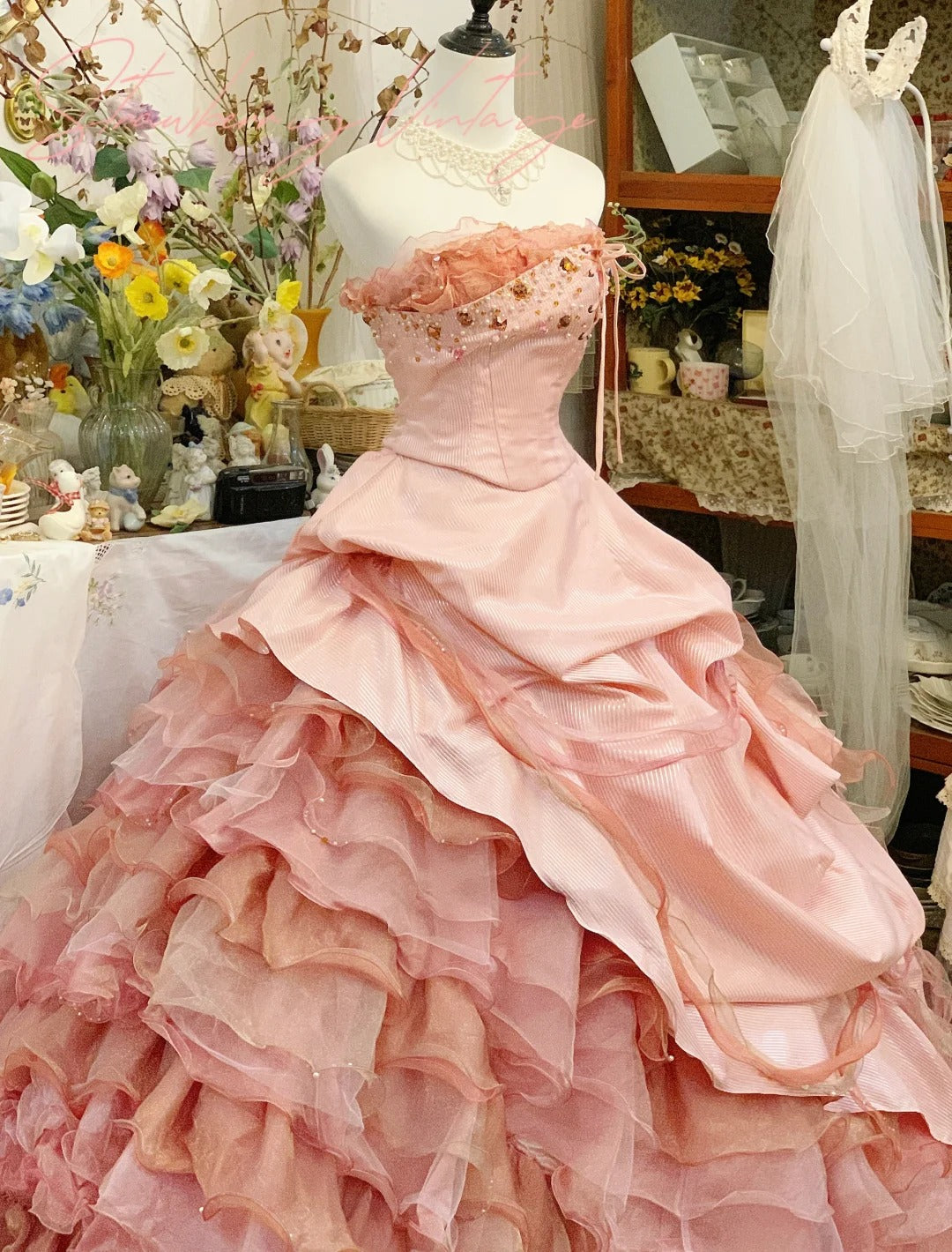 A Line Pink Tulle Ball Gown Quinceanera Dress Unique Long Evening Dress cg25486