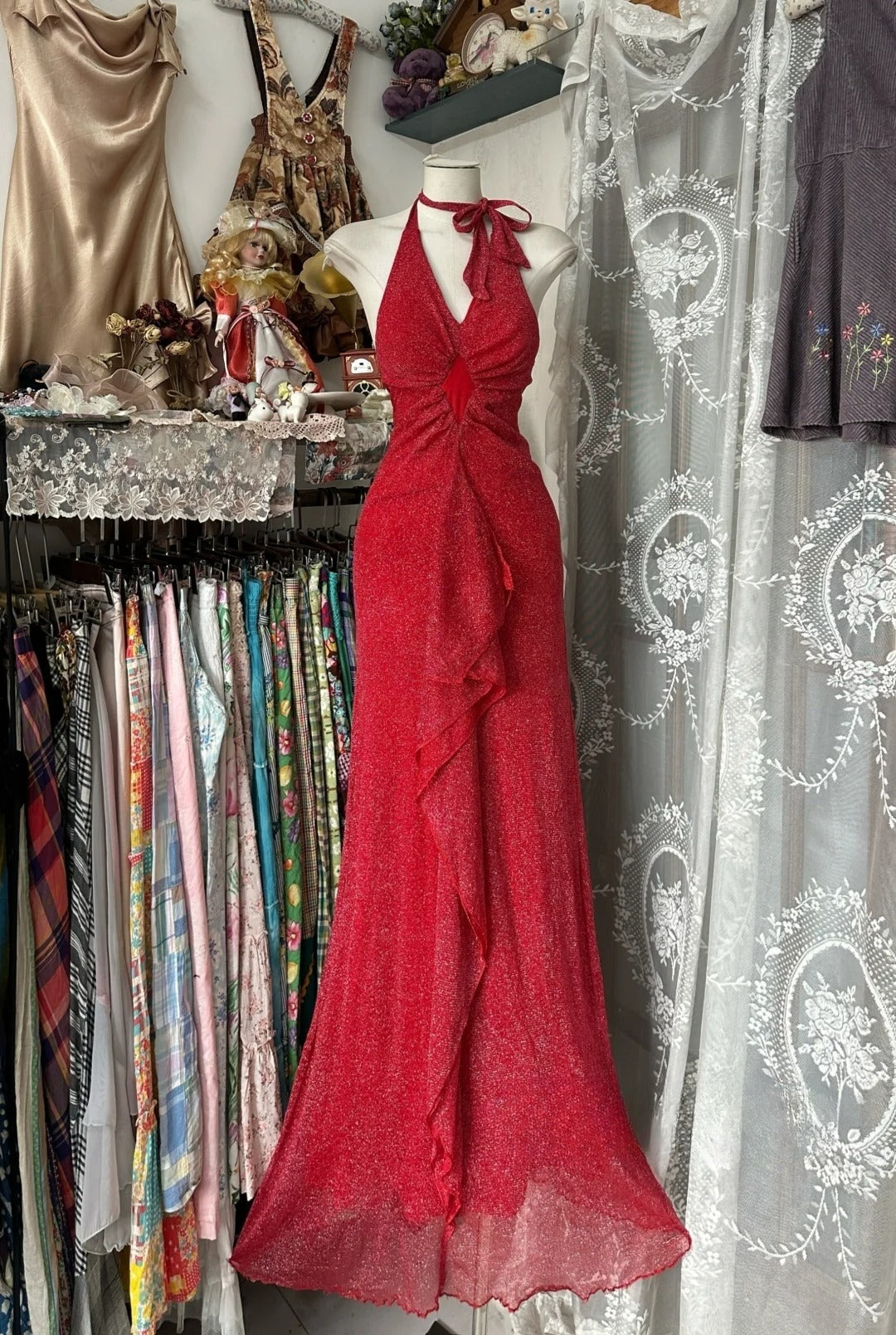 Red Halter Mermaid Vintage Evening Dresses, Sleeveless Party Gowns cg25494