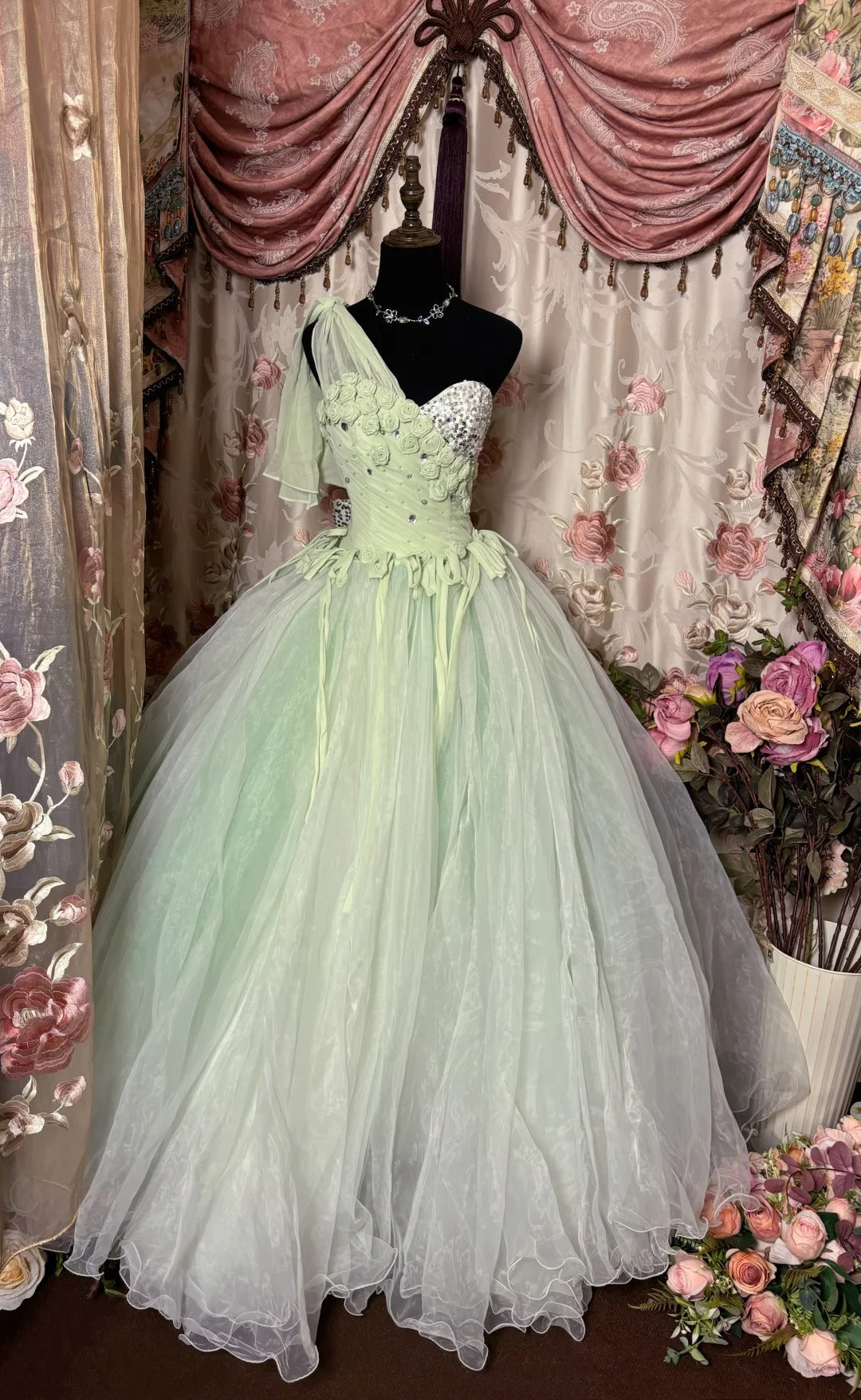 A Line Long Ball Gown Quinceanera Dress Unique Green Long Evening Dress cg25547