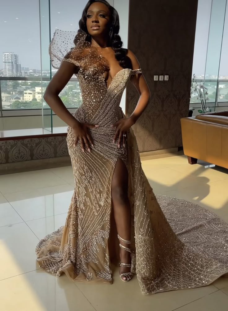 Champagne Mermaid Off Shoulder Long Prom Dresses Formal Evening Dress cg25455