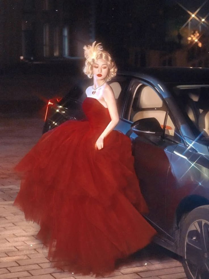 Red A Line Tulle Strapless Prom Dresses Party Evening Dress cg25459