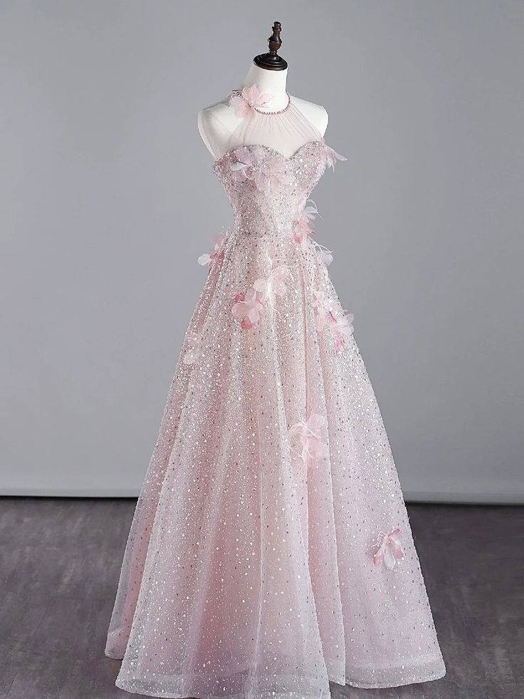 Pink Halter Shiny Tulle Long Prom Dress, Pink Tulle Evening Dress with Flowers cg25052
