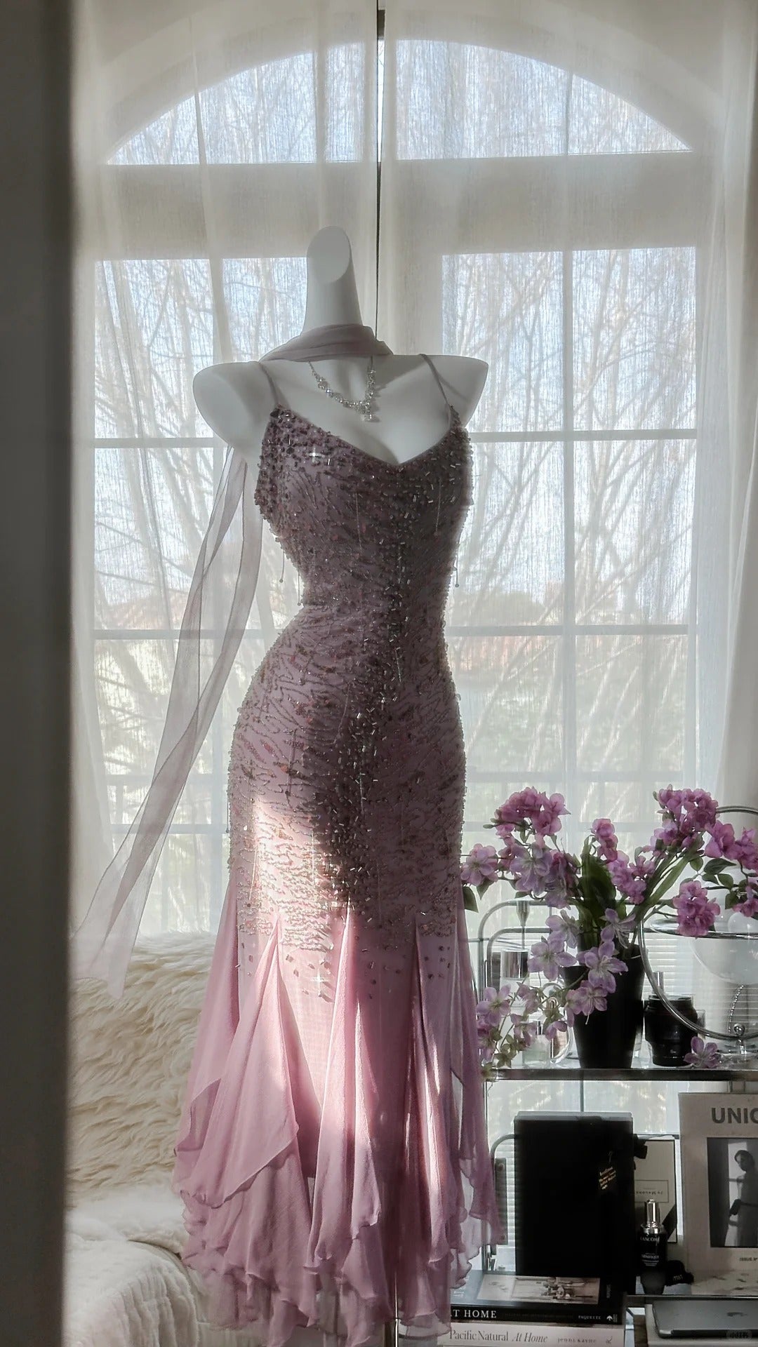Pink Purple Elegant Romantic Exquisite Beaded Long Chiffon Ball Gown Evening Dress Birthday/Wedding Guest/Holiday Party Dress Prom Dress gh4021