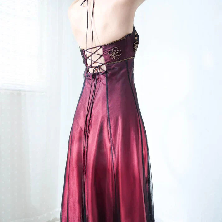 Vintag Burgundy Satin Halter-neck A-Line Prom Dress Party Dress Evening Dress TP4550