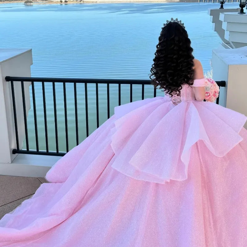 Hermoso vestido de quinceañera largo de tul rosa con hombros descubiertos, vestido formal de 15 años, vestido de dulces 16 DH1841