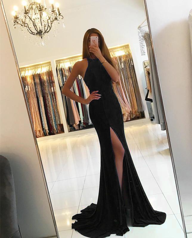 Vestido de noche sexy de sirena con espalda descubierta y abertura