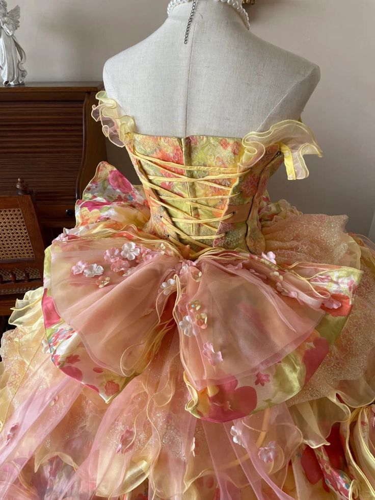 Romantic Yellow Colorful Flower Sweetheart Neck Ball Gown Layered Organza Prom Dress Birthday Dress SH3633
