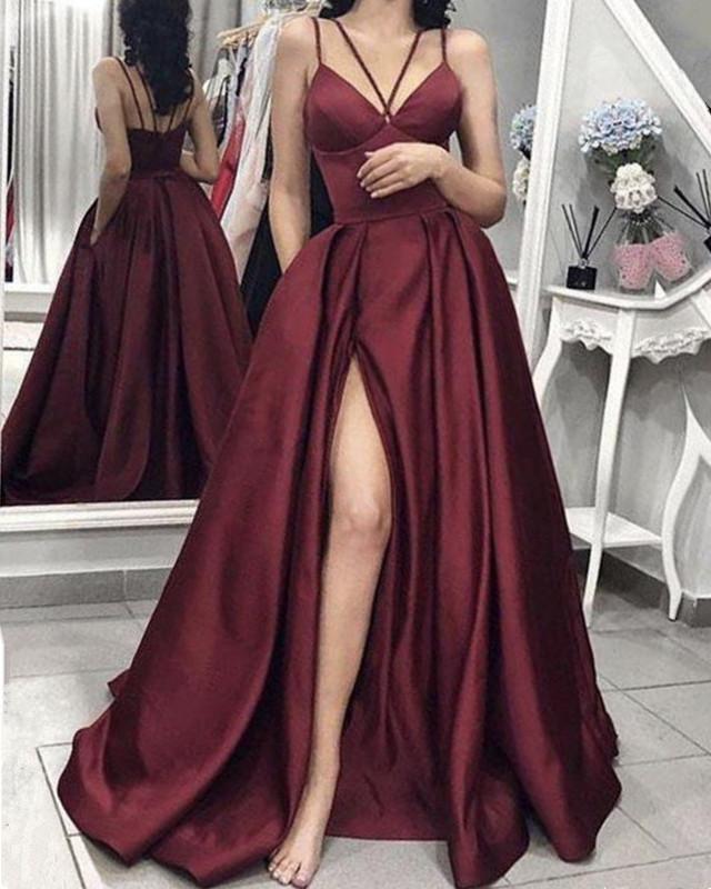 Vestidos de fiesta largos de satén con escote en V y tirantes finos, vestido formal