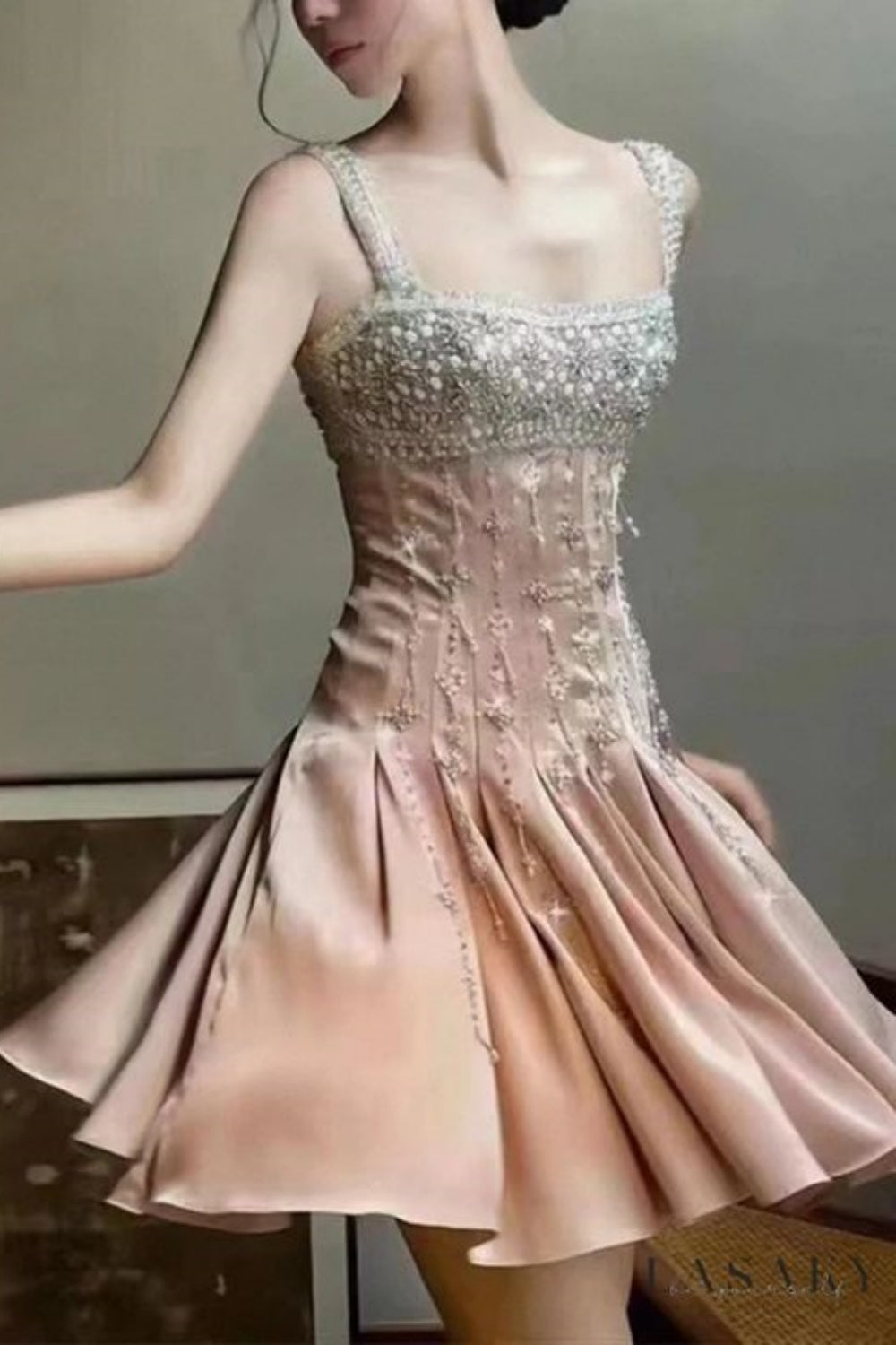 shopuniqlos-Pink Gorgeous Exquisite Beaded Short Satin Homecoming Dress Birthday Dress gh5306
