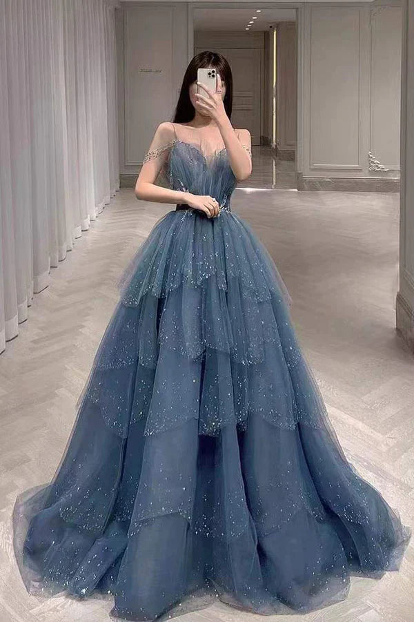 Hermoso vestido de fiesta de tul azul brillante con cuentas, vestido formal escalonado con diamantes de imitación TP01