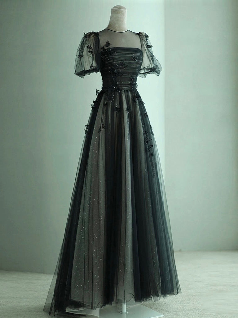Vestido de fiesta fluido de tul negro y marfil, corte A, con mangas cortas abullonadas