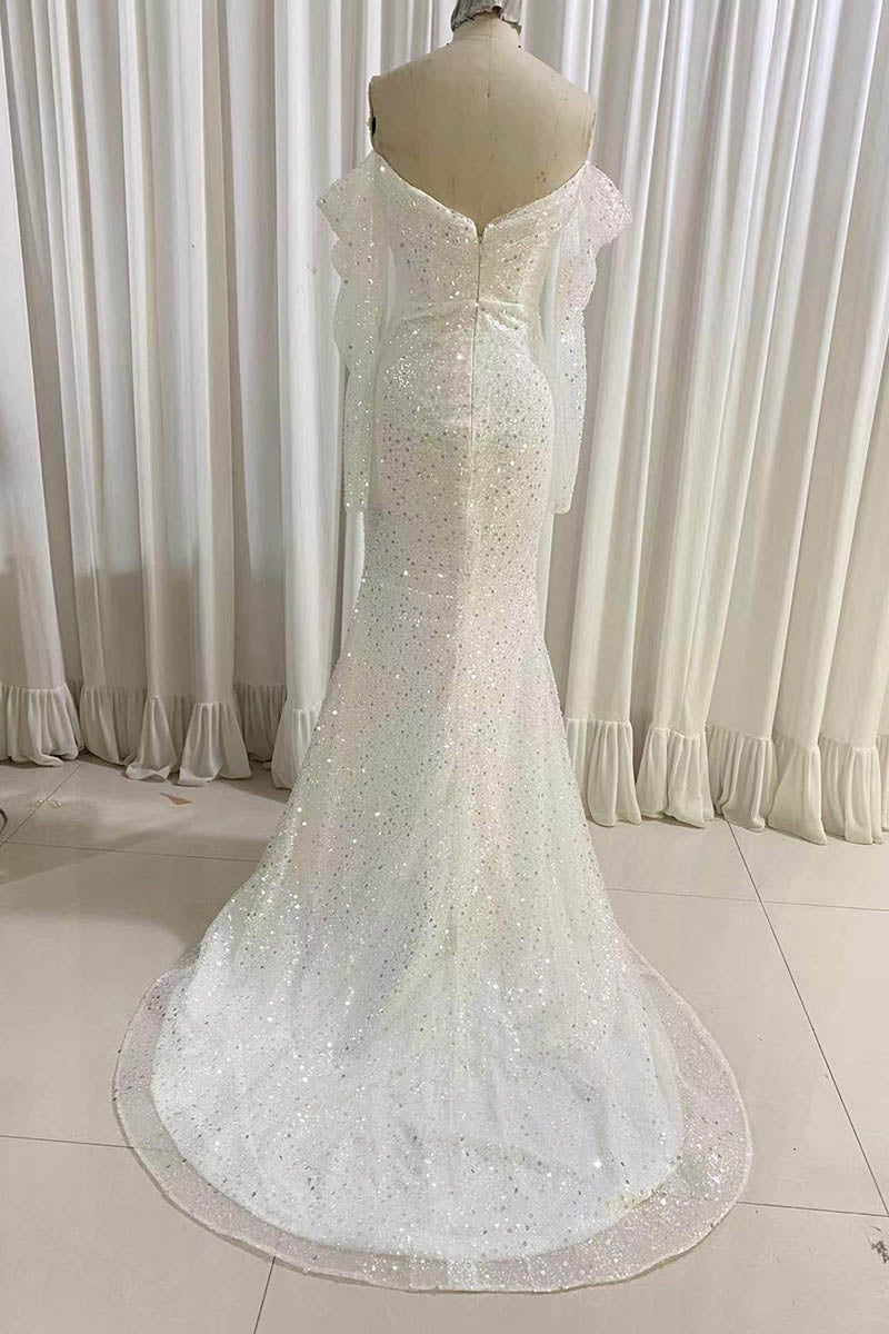 Ivory Long Sleeves Mermaid Sequined Prom Dress, Sparkly Long Wedding Dresses PW498