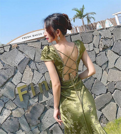 shopuniqlos-Green open back elegant dress, French country style dress, wedding guest dress, prom dress, birthday dress, evening dress, party dress gh5157