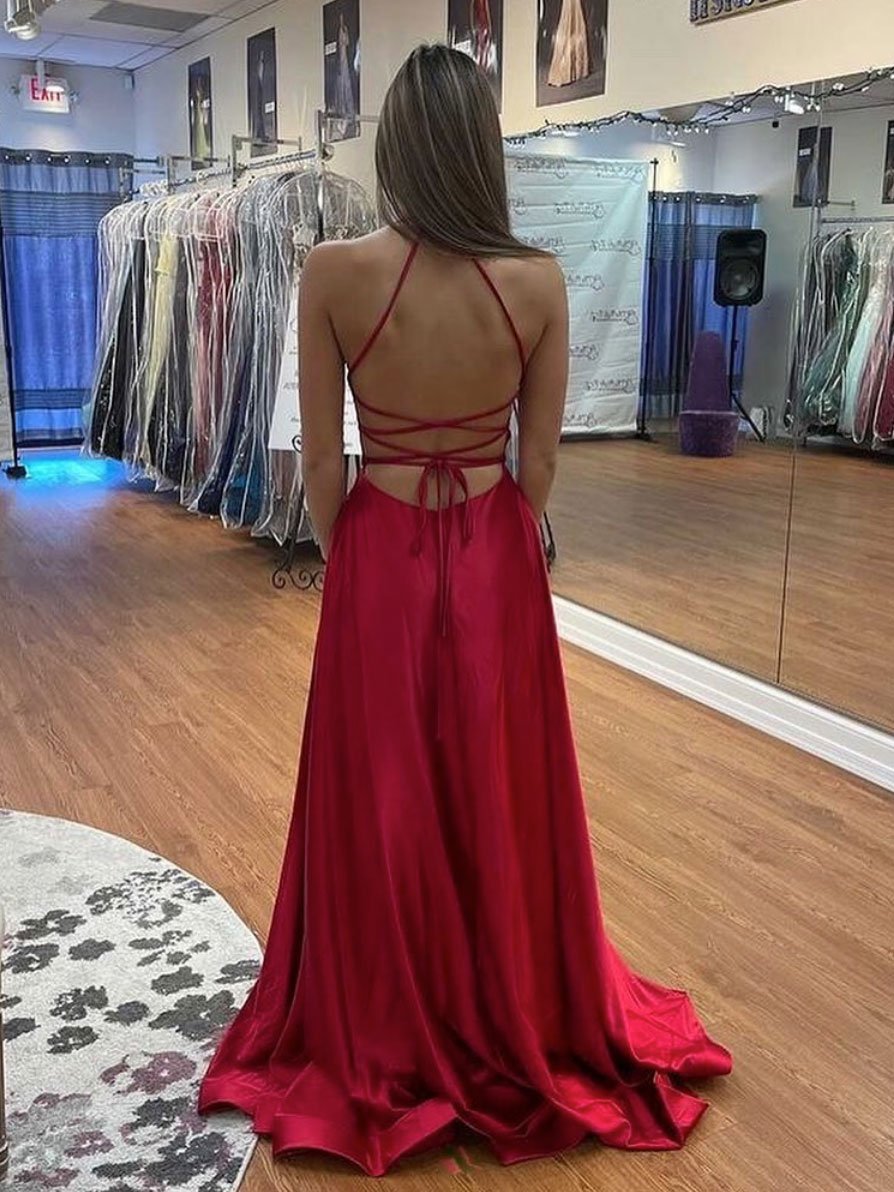Vestido de fiesta largo de satén con escote en V rojo sencillo, vestido de noche formal dividido para mujer