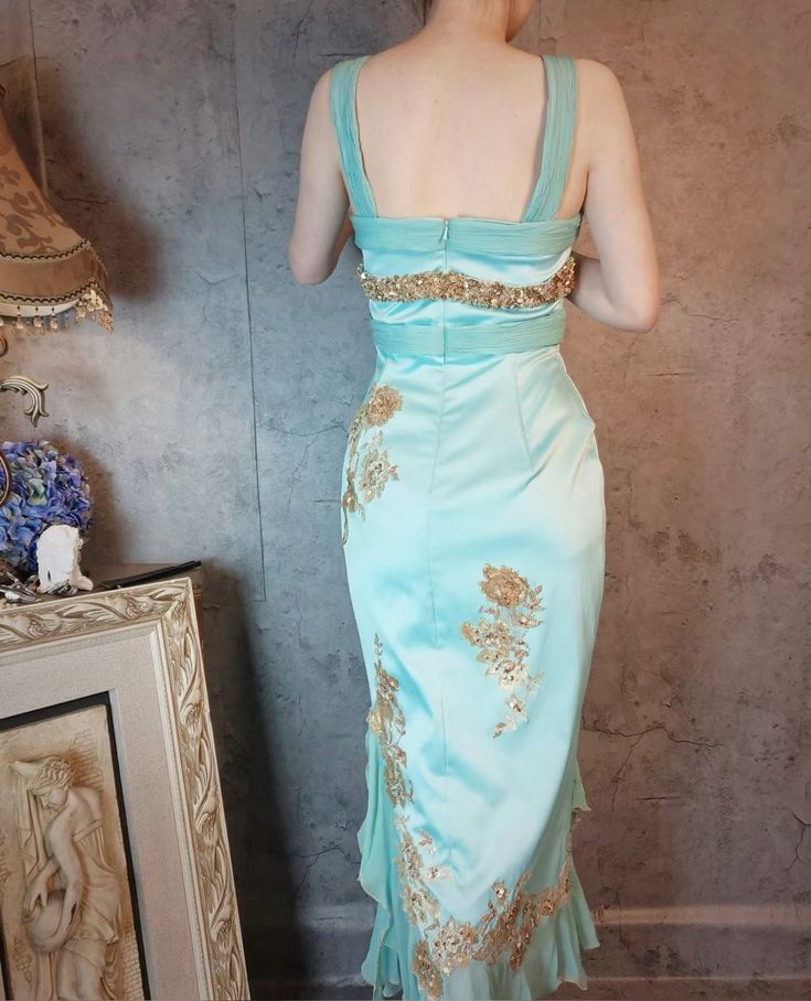 Gorgeous Sheath Strap Appliques Sequin Beaded Blue Satin Prom Dress Evening Dress SH2669