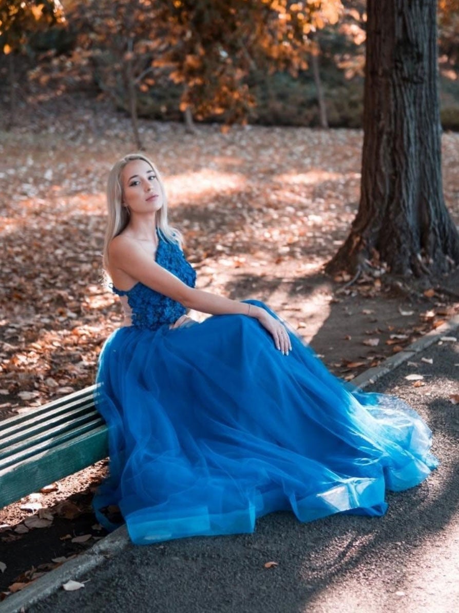 Vestido de fiesta largo de tul azul con un solo hombro y encaje, vestido formal de tul azul