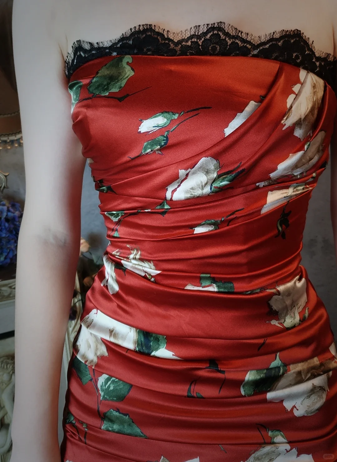 Vintage Red Floral Design Satin Strapless Romantic A-line Short Homecoming Dress TP4028