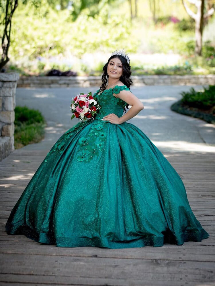 Vestido verde de quinceañera con lentejuelas y encaje brillante, vestido de fiesta para desfile, vestido de gala, vestido de cumpleaños mexicano