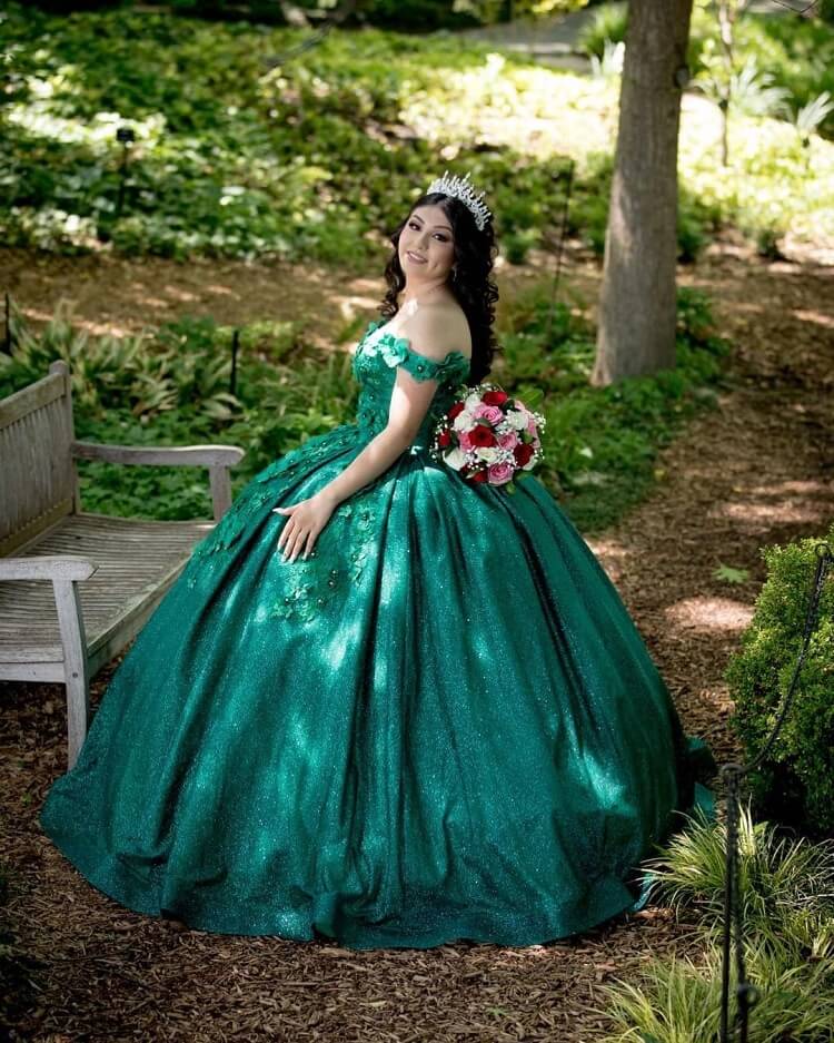 Vestido verde de quinceañera con lentejuelas y encaje brillante, vestido de fiesta para desfile, vestido de gala, vestido de cumpleaños mexicano