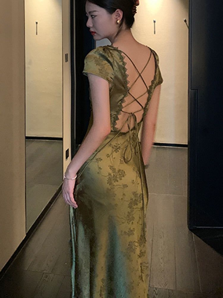shopuniqlos-Green open back elegant dress, French country style dress, wedding guest dress, prom dress, birthday dress, evening dress, party dress gh5157