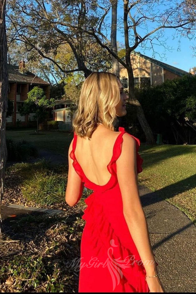 Red Fluttery Ruffles Chiffon Long Prom Dress Slit Evening Dress GP590
