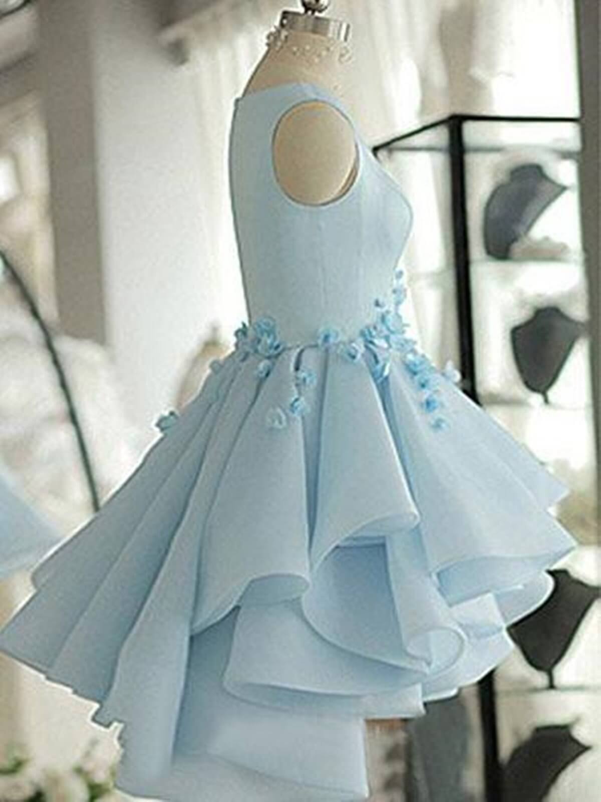 Vestidos de fiesta cortos azules con flores 3D, vestidos de graduación cortos azules con flores 3D