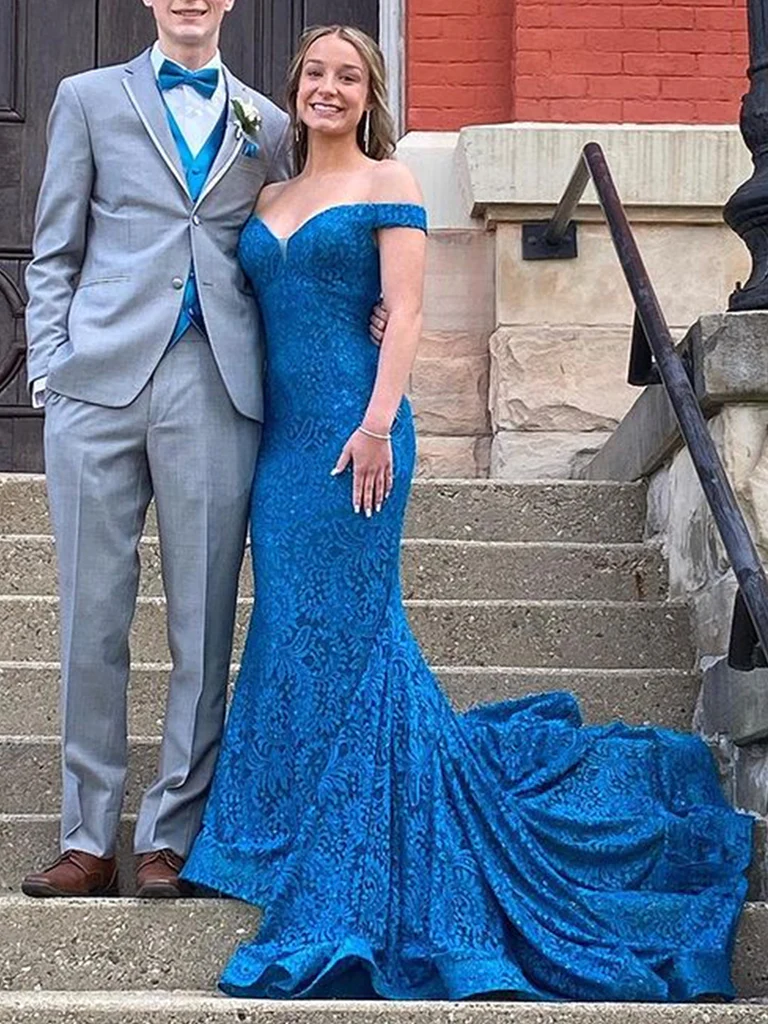 Off Shoulder Blue Mermaid Lace Long Evening Dressesï¼_ormal Prom Dress SH639