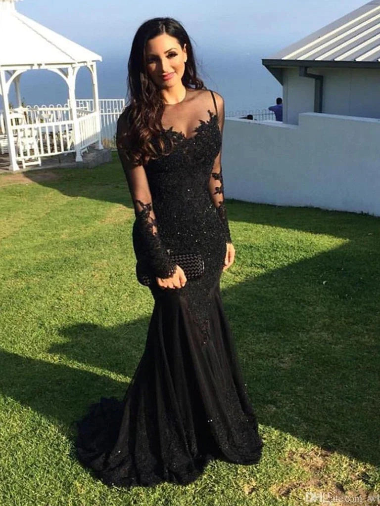 Vestido de fiesta negro de encaje estilo sirena con mangas largas, vestido formal de sirena con encaje negro, vestido de noche, vestido de fiesta TP18